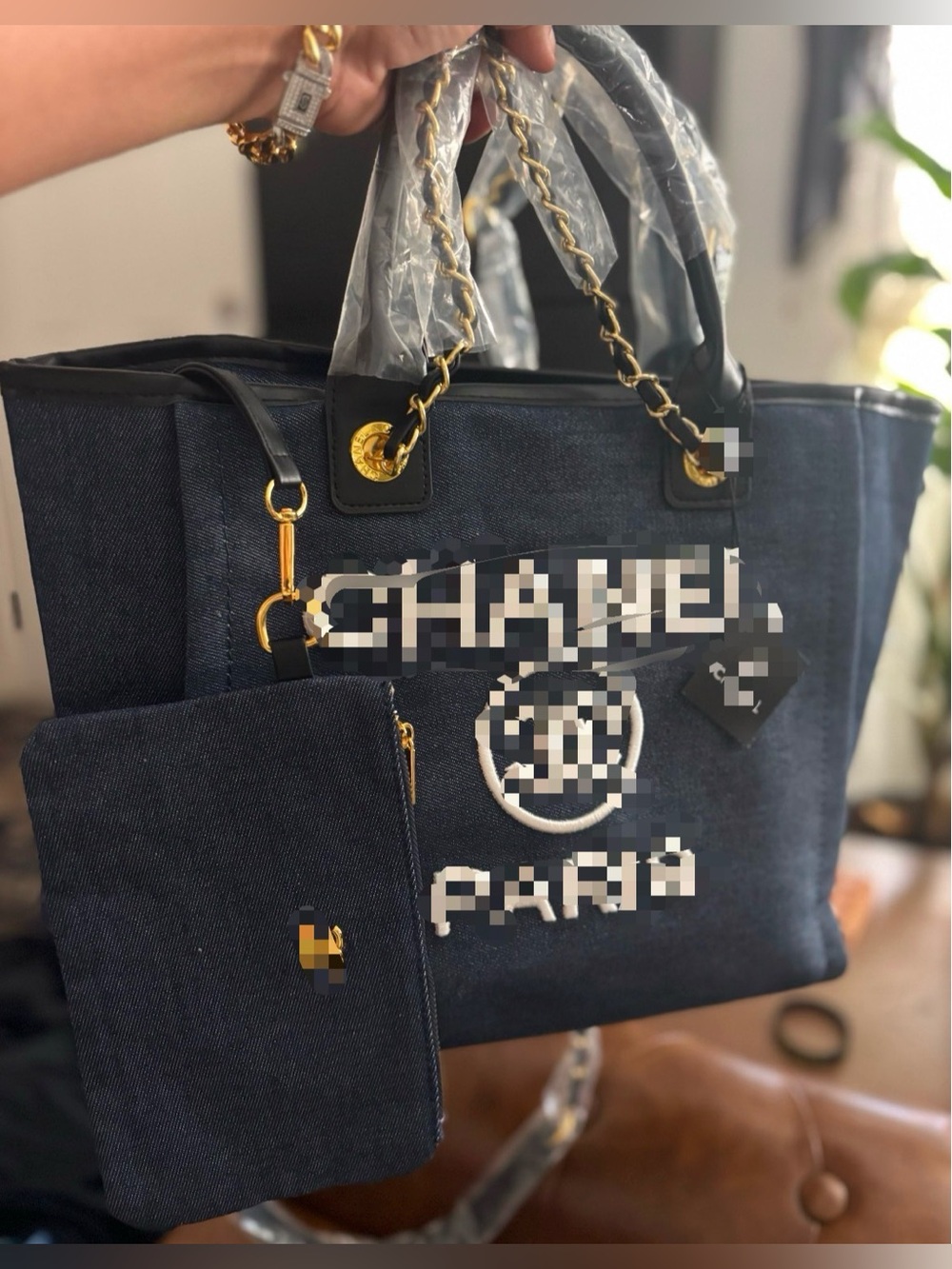 Denim Tote Bag with Gold Chain Handles